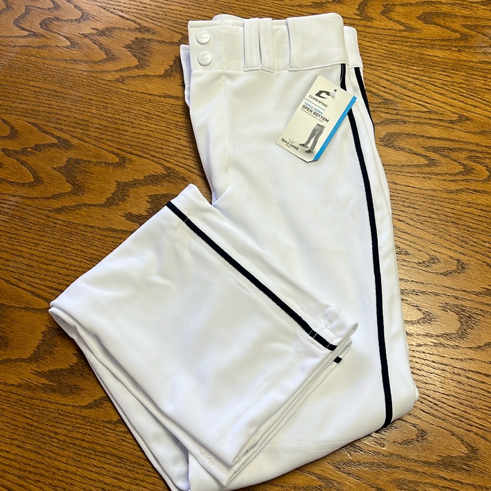 Champro Youth Large Baseball Pants, White Pants w/Navy Stripe, OPEN BOTTOM STYLE